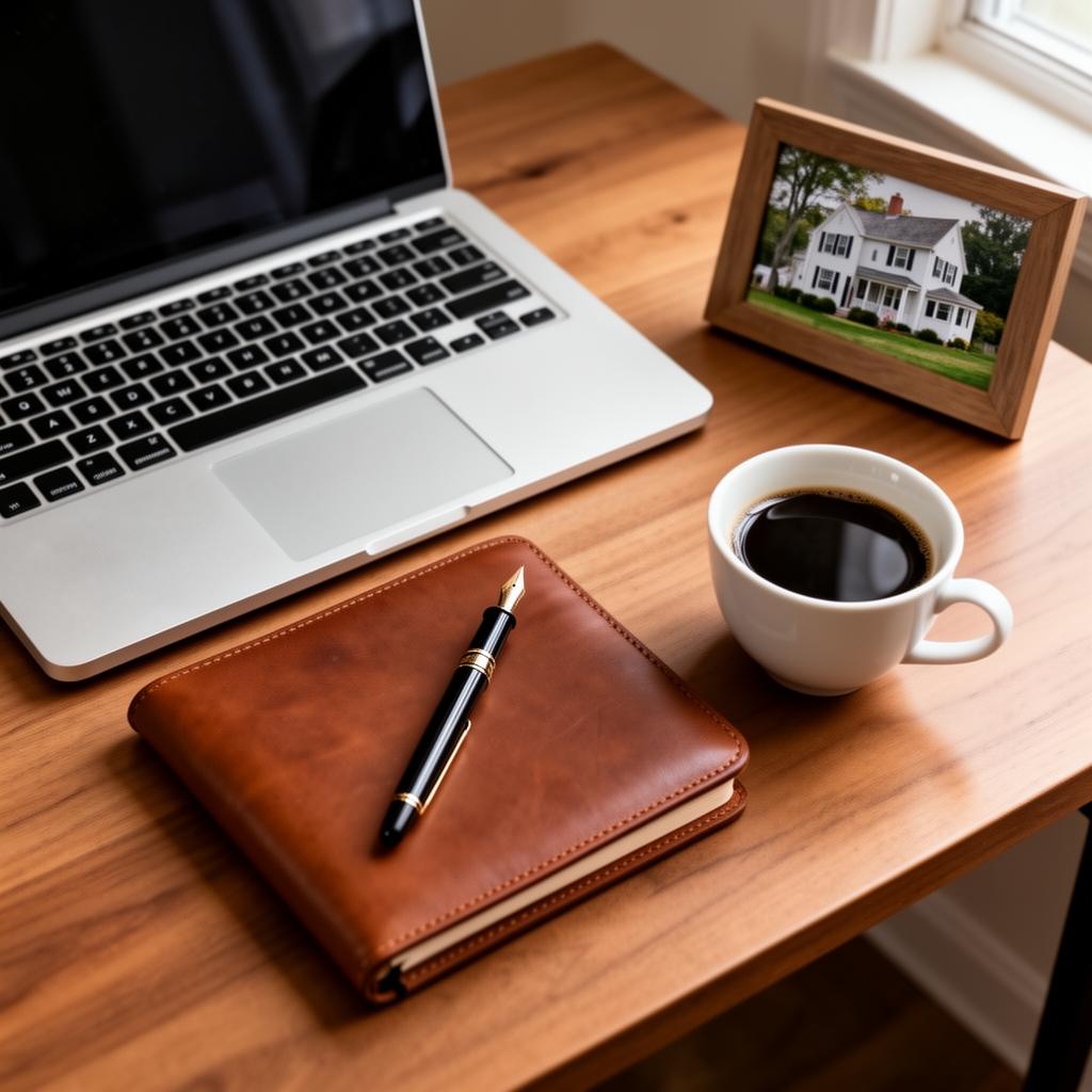 A workspace with laptop, notebook, coffee, and a framed photo of a home