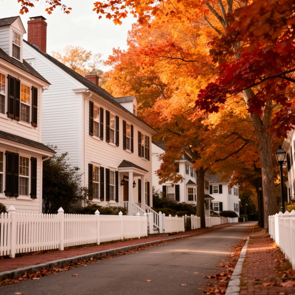 A classic New England street with autumn leaves