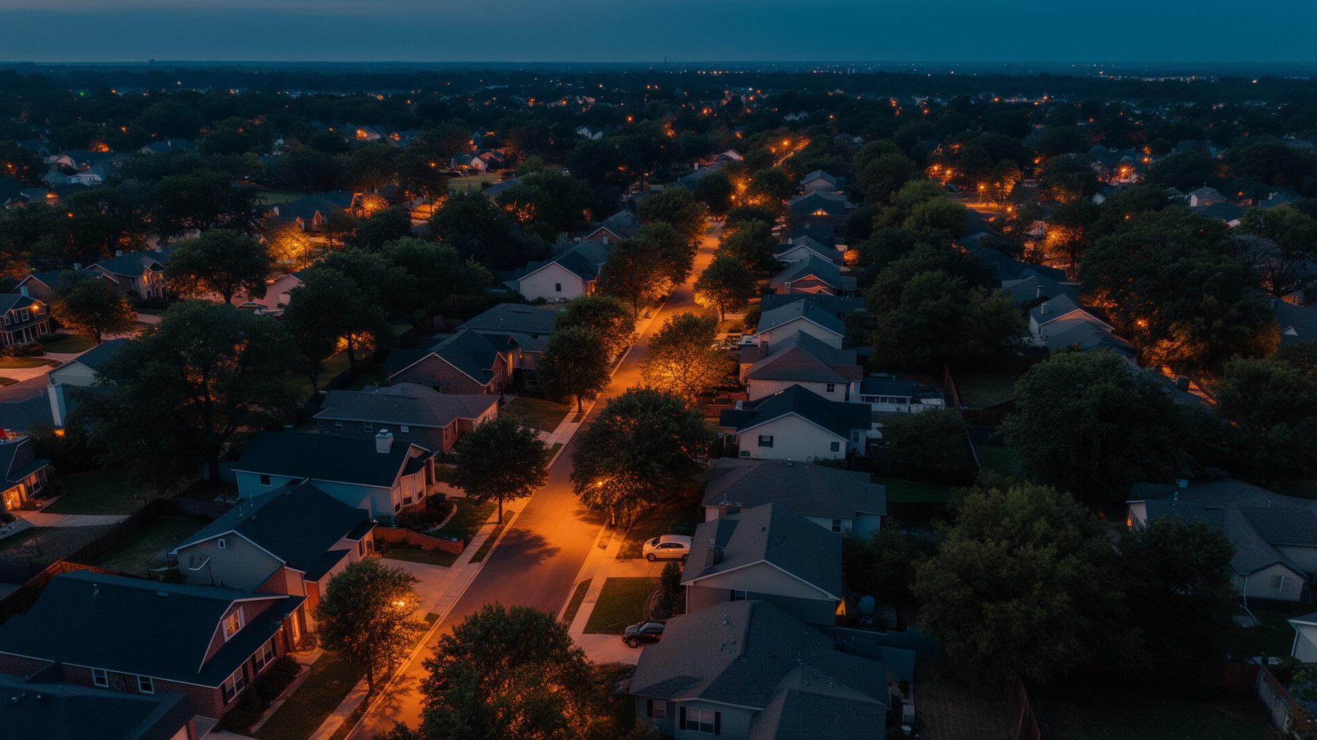 Aerial view of an American neighborhood at dusk