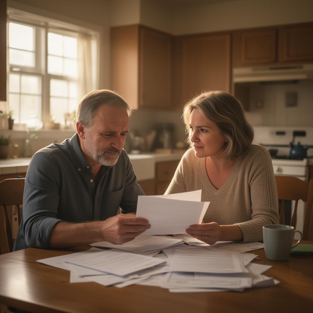 A couple reviewing paperwork at their kitchen table